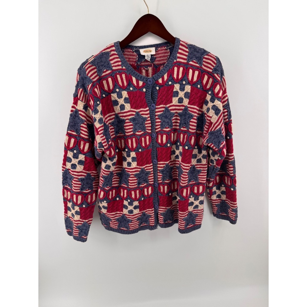 Talbots Vintage Americana Stars Hearts Stripes Cardigan Sweater Red Navy Medium